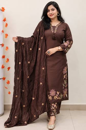 chocolate brown cutwork floral embroidered cotton straight kurta pant dupatta suit set