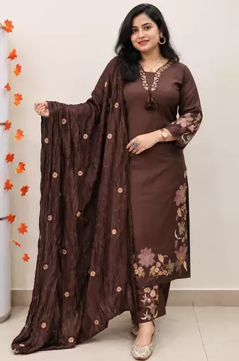 chocolate brown cutwork floral embroidered cotton straight kurta pant dupatta suit set