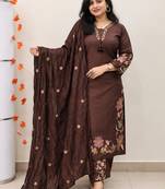 chocolate brown cutwork floral embroidered cotton straight kurta pant dupatta suit set