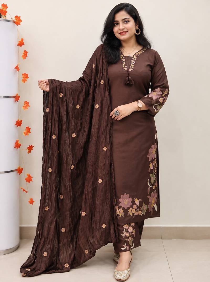 chocolate brown cutwork floral embroidered cotton straight kurta pant dupatta suit set