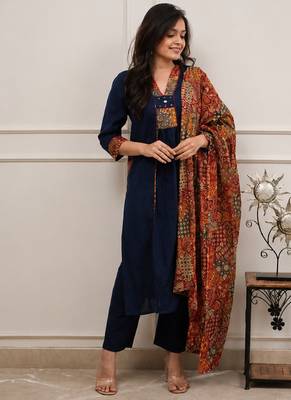 blue kalamkari print cotton straight kurta set 1