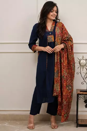 blue kalamkari print cotton straight kurta set