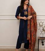 blue kalamkari print cotton straight kurta set