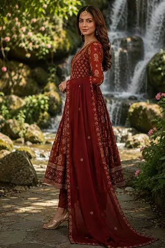 rust brown cotton angrakha anarkali kurta set