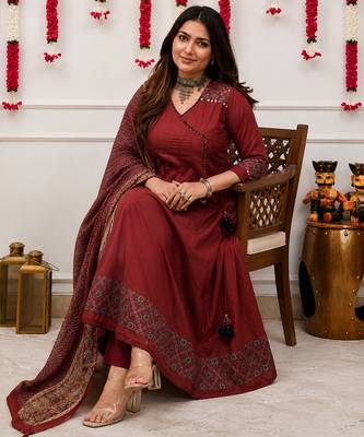 maroon ajrakh printed cotton angrakha anarkali suit set 2