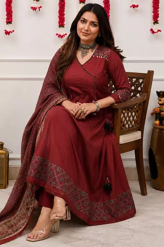 maroon ajrakh printed cotton angrakha anarkali suit set
