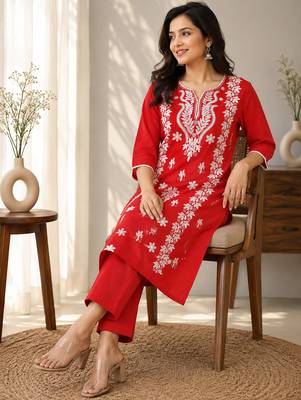red embroidered cambric cotton straight kurta set 4