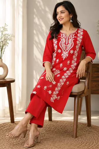 red embroidered cambric cotton straight kurta set