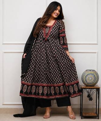 black and maroon ajrakh block print cotton flared anarkali kurta set with dupatta 1