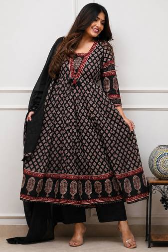 black and maroon ajrakh block print cotton flared anarkali kurta set with dupatta