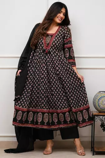 black and maroon ajrakh block print cotton flared anarkali kurta set with dupatta