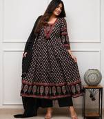 black and maroon ajrakh block print cotton flared anarkali kurta set with dupatta