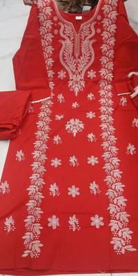 red embroidered cambric cotton straight kurta set 5