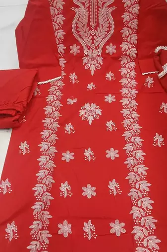 red embroidered cambric cotton straight kurta set