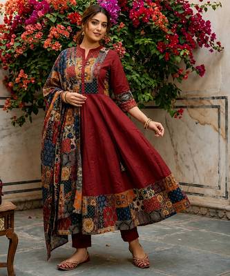 maroon ajrakh printed cotton angrakha anarkali suit set 4