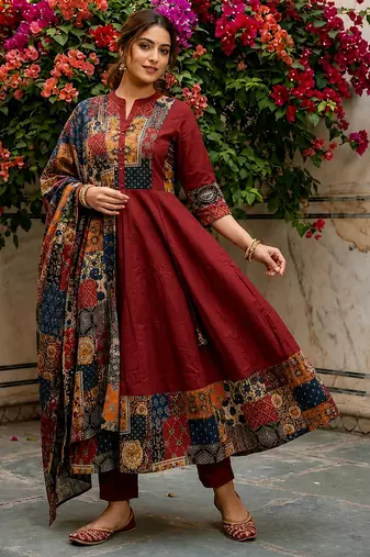 maroon ajrakh printed cotton angrakha anarkali suit set