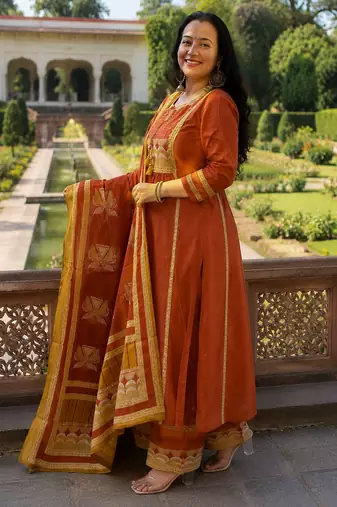 rust orange embroidered chanderi straight kurta pant suit set with dupatta