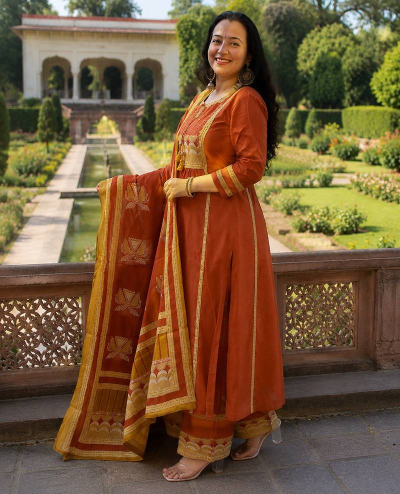 rust orange embroidered chanderi straight kurta pant suit set with dupatta