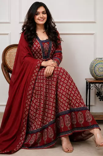 maroon printed cotton anarkali salwar suit set with dupatta
