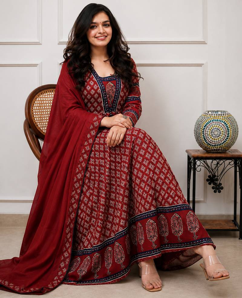 maroon printed cotton anarkali salwar suit set with dupatta