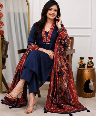 indigo blue ajrakh print cotton straight kurta pant dupatta suit set 2