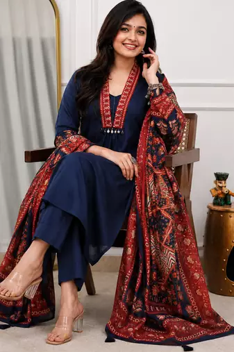 indigo blue ajrakh print cotton straight kurta pant dupatta suit set