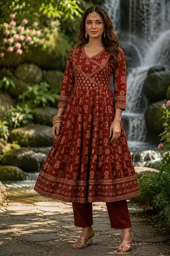 rust brown cotton angrakha anarkali kurta set