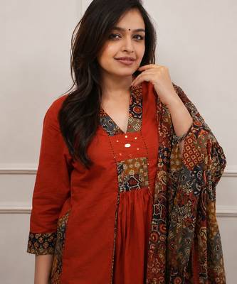 rust kalamkari print cotton straight kurta set 2