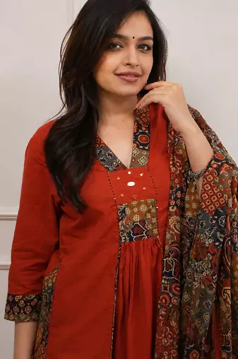rust kalamkari print cotton straight kurta set