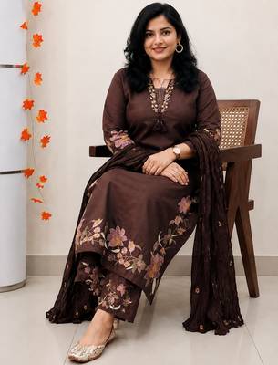 chocolate brown cutwork floral embroidered cotton straight kurta pant dupatta suit set 2