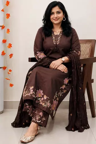 chocolate brown cutwork floral embroidered cotton straight kurta pant dupatta suit set