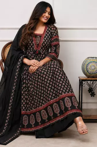 black and maroon ajrakh block print cotton flared anarkali kurta set with dupatta