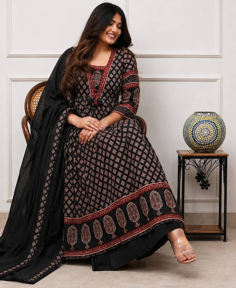 black and maroon ajrakh block print cotton flared anarkali kurta set with dupatta