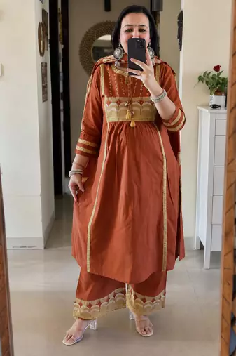 rust orange embroidered chanderi straight kurta pant suit set with dupatta