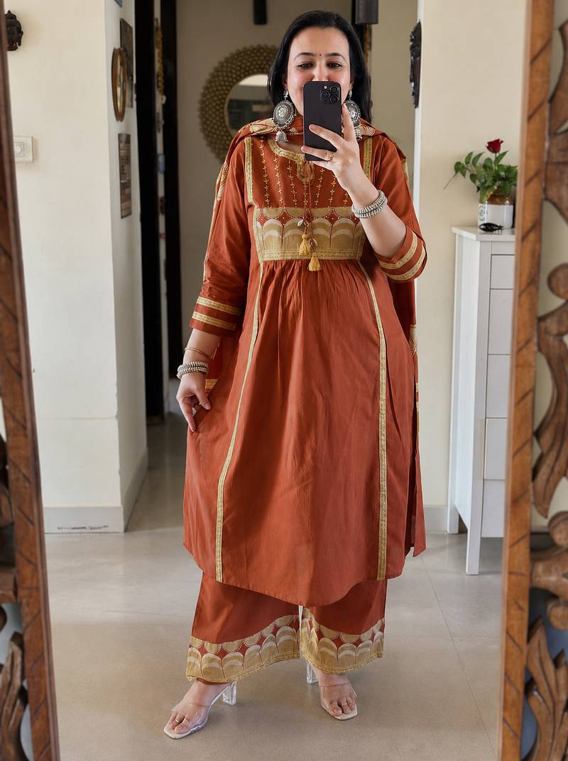 rust orange embroidered chanderi straight kurta pant suit set with dupatta