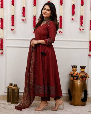 maroon ajrakh printed cotton angrakha anarkali suit set 3