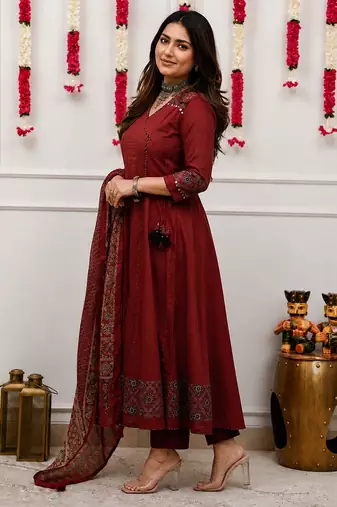 maroon ajrakh printed cotton angrakha anarkali suit set