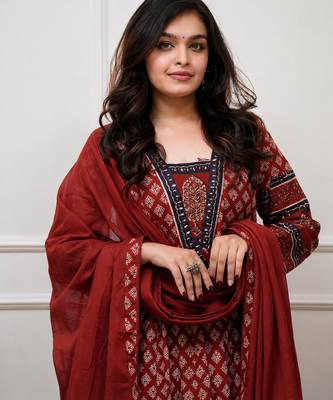 maroon printed cotton anarkali salwar suit set with dupatta 3