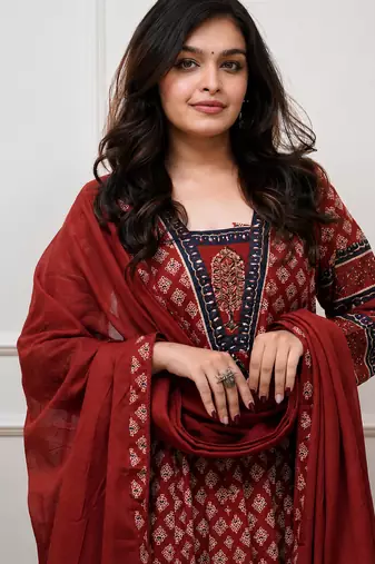 maroon printed cotton anarkali salwar suit set with dupatta