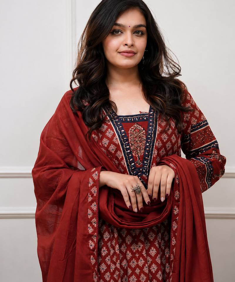 maroon printed cotton anarkali salwar suit set with dupatta