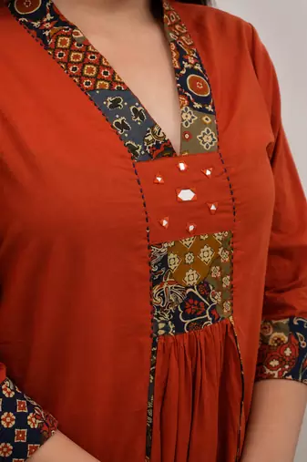 rust kalamkari print cotton straight kurta set