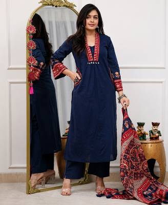 indigo blue ajrakh print cotton straight kurta pant dupatta suit set 3