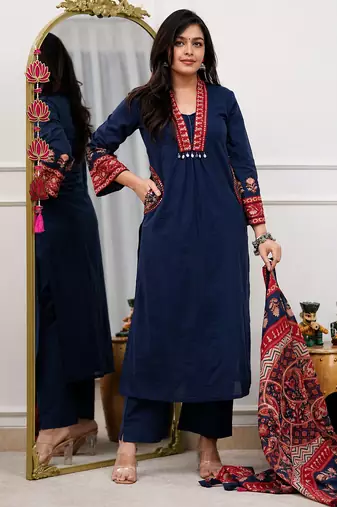 indigo blue ajrakh print cotton straight kurta pant dupatta suit set
