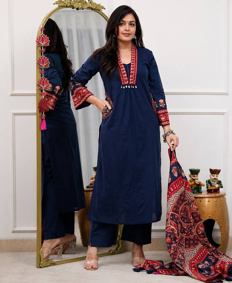 indigo blue ajrakh print cotton straight kurta pant dupatta suit set