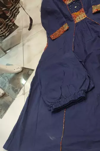 blue kalamkari print cotton straight kurta set
