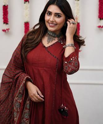 maroon ajrakh printed cotton angrakha anarkali suit set 4
