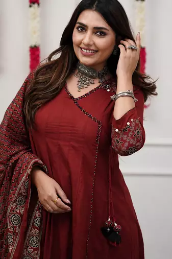 maroon ajrakh printed cotton angrakha anarkali suit set