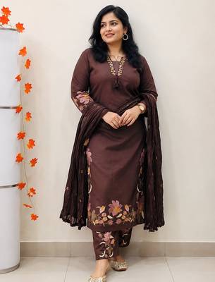chocolate brown cutwork floral embroidered cotton straight kurta pant dupatta suit set 3