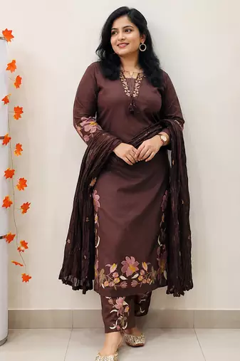 chocolate brown cutwork floral embroidered cotton straight kurta pant dupatta suit set