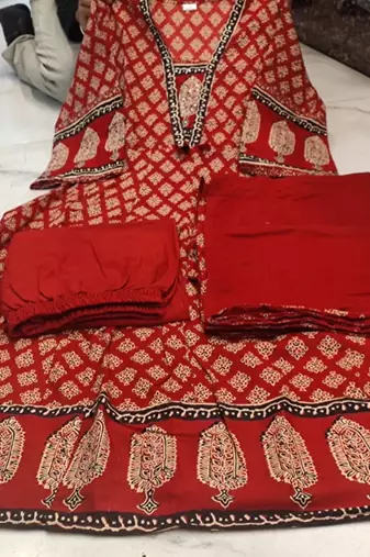 maroon printed cotton anarkali salwar suit set with dupatta